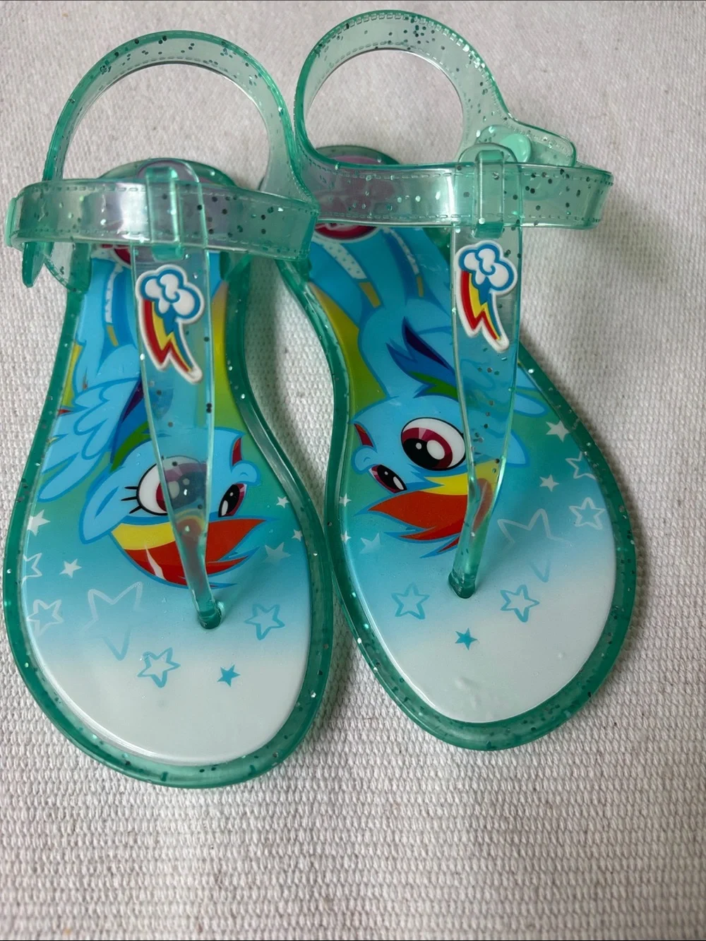 My Little Pony Green Teal Glitter Jelly Sandals with Rainbow Dash 11/12 XL